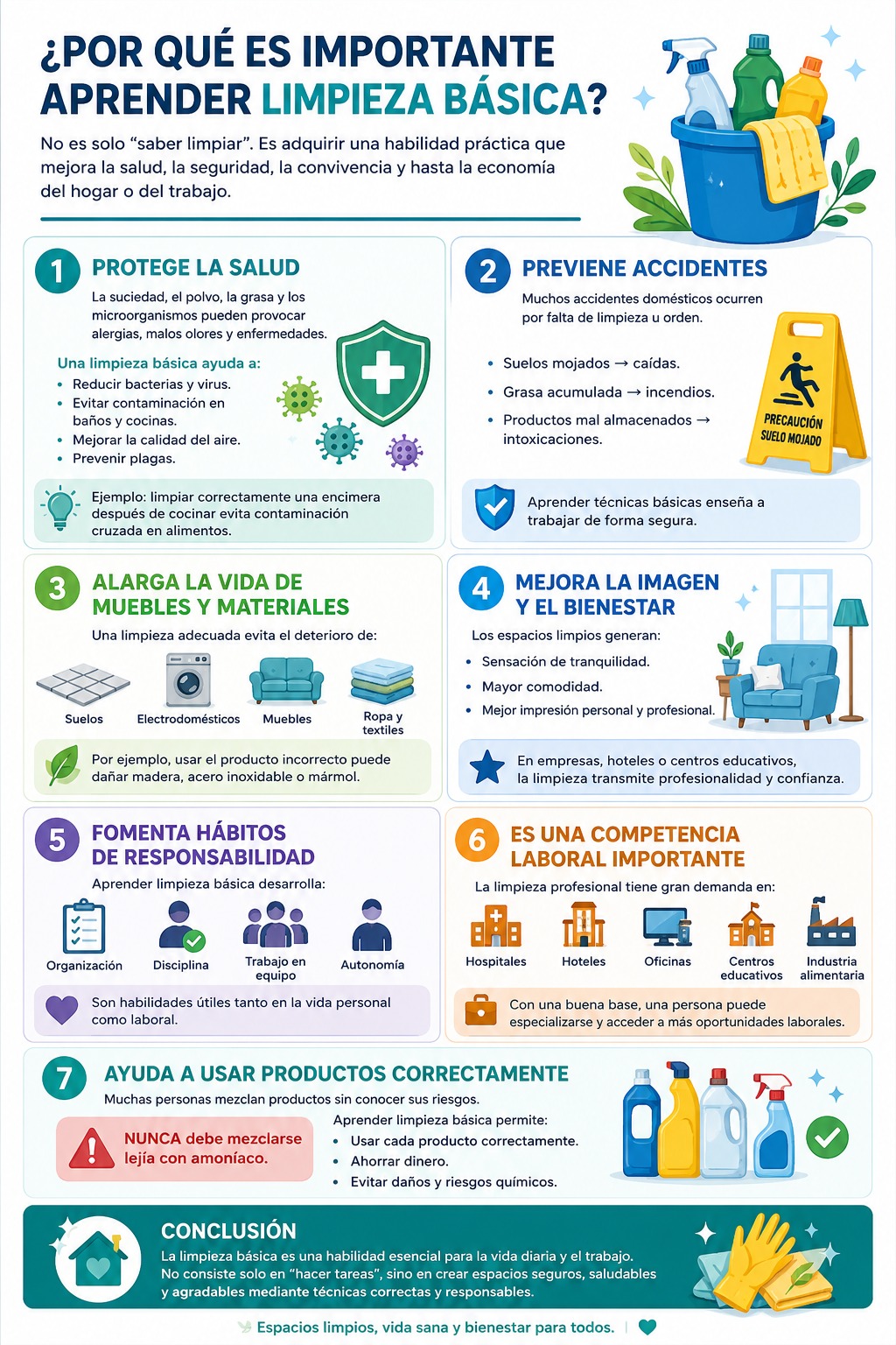 Infografía educativa sobre por qué aprender limpieza básica ayuda a mejorar la salud, prevenir accidentes y mantener espacios seguros y saludables.